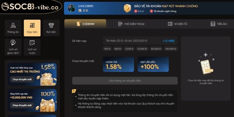 Nạp Và Rút Tiền SOC88 Chi Tiết Theo Điều Kiện Và Hướng Dẫn 2 Hướng dẫn nạp tiền SOC88 nhanh chóng và đơn giản
